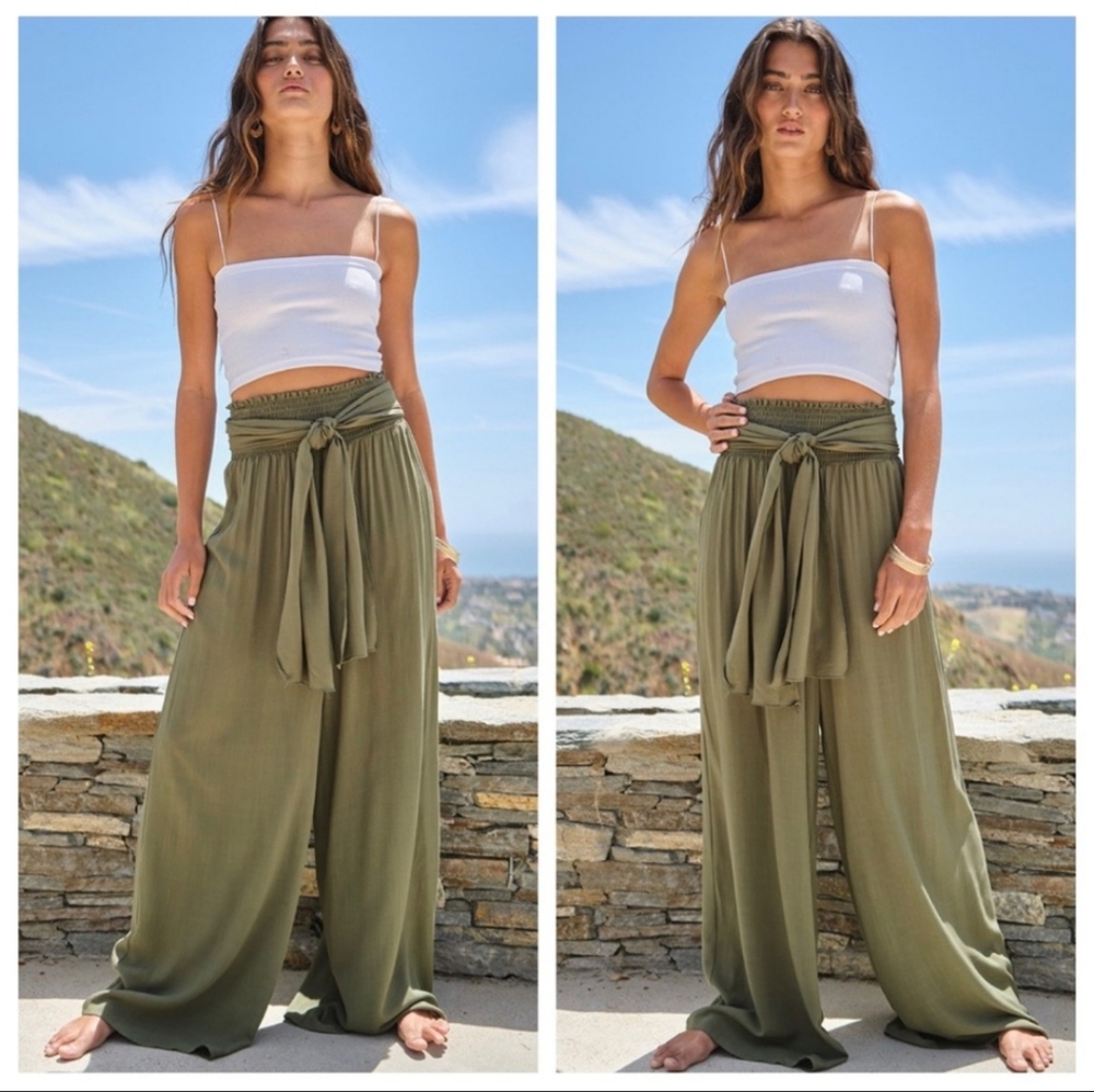 High-Waisted Olive Wide Leg Pants - Flowy Boho Tie Waist
